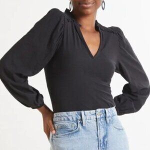 Nation LTD "Claudine" Black Ruffled Yoke V-Neck Long Sleeve Tee